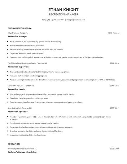 Recreation Manager Resume