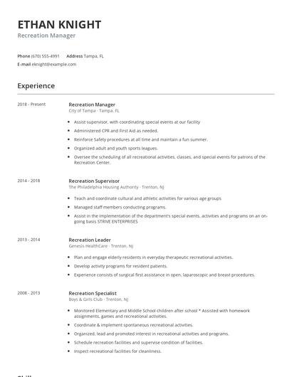 Recreation Manager Resume