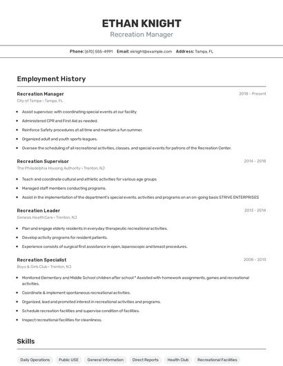 Recreation Manager Resume