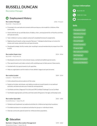 Recreation Manager Resume
