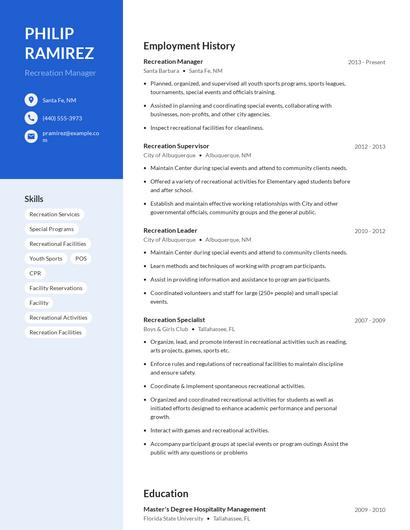 Recreation Manager Resume