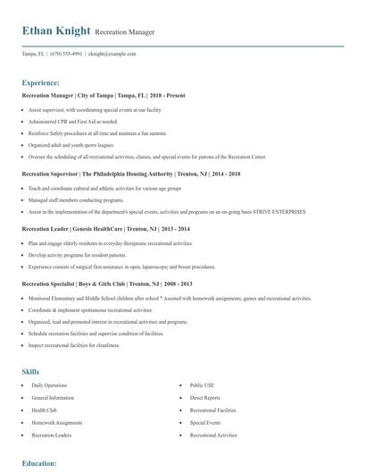 Recreation Manager Resume