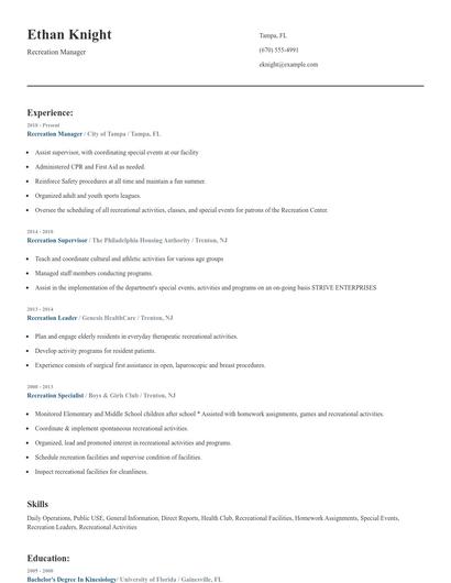 Recreation Manager Resume