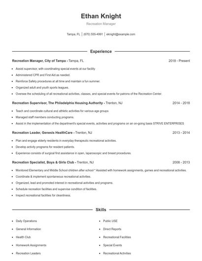 Recreation Manager Resume