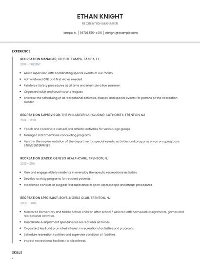Recreation Manager Resume