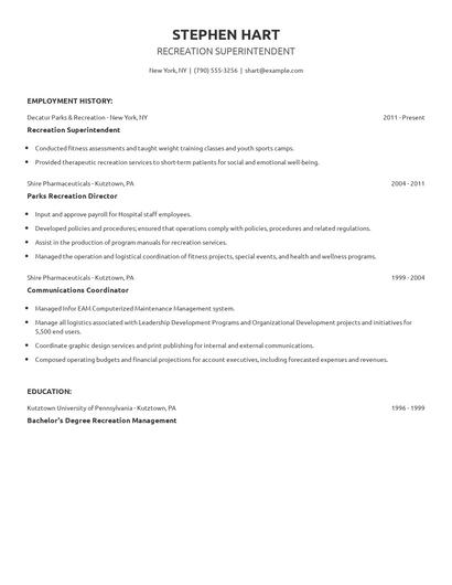 Recreation Superintendent Resume