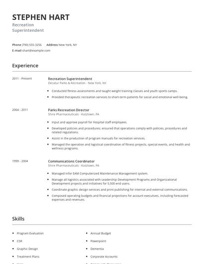 Recreation Superintendent Resume