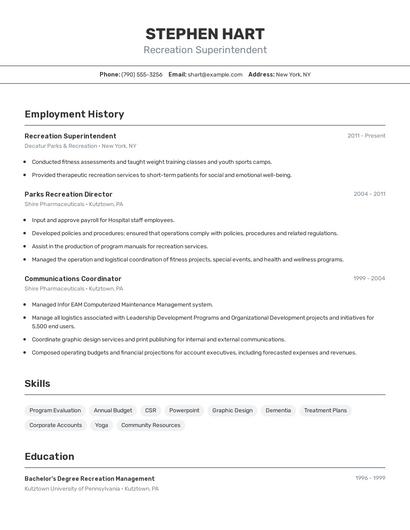 Recreation Superintendent Resume
