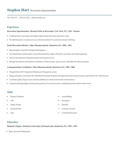 Recreation Superintendent Resume