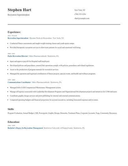 Recreation Superintendent Resume