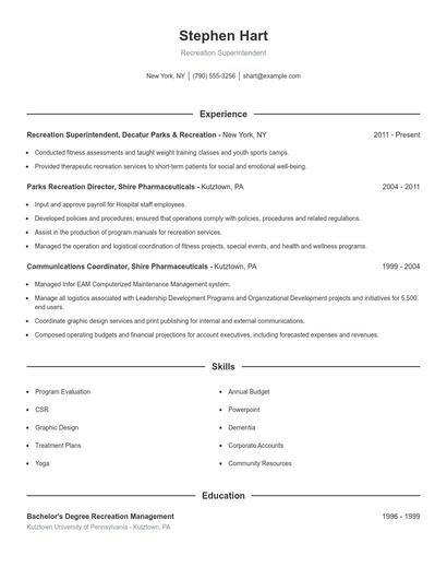 Recreation Superintendent Resume