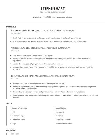 Recreation Superintendent Resume