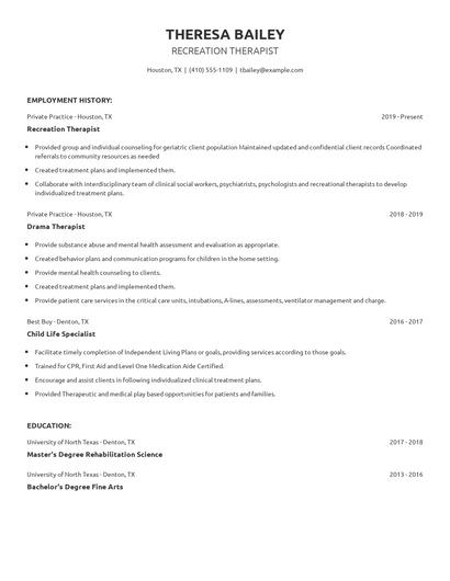 Recreation Therapist Resume