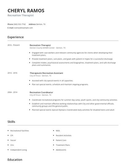 Recreation Therapist Resume