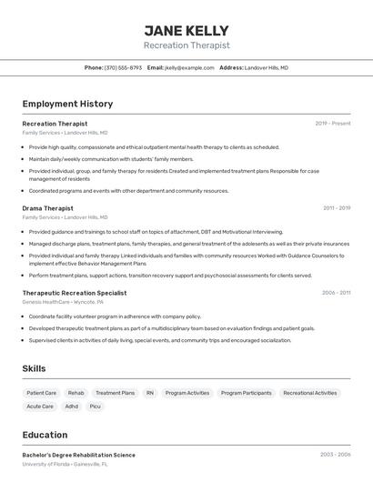 Recreation Therapist Resume