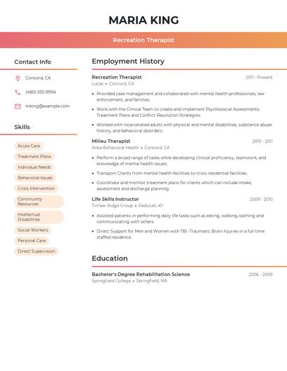 Recreation Therapist Resume
