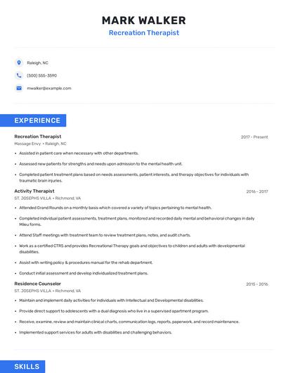 Recreation Therapist Resume