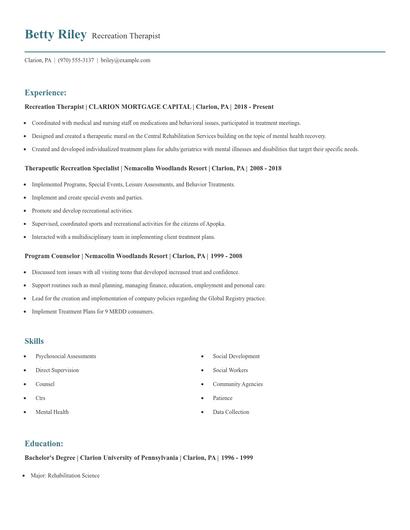 Recreation Therapist Resume