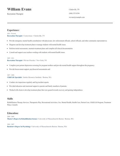 Recreation Therapist Resume