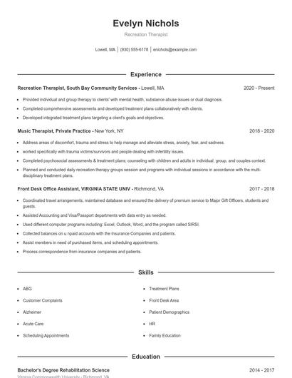 Recreation Therapist Resume