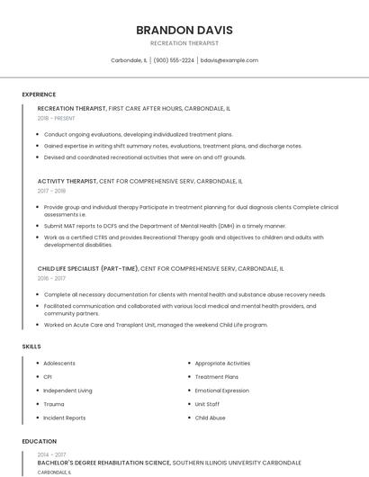 Recreation Therapist Resume