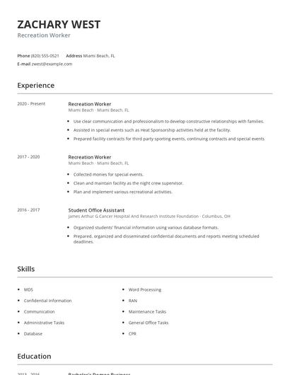 Recreation Worker Resume