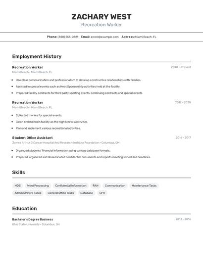 Recreation Worker Resume