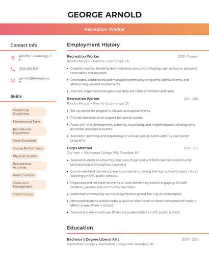 Recreation Worker Resume