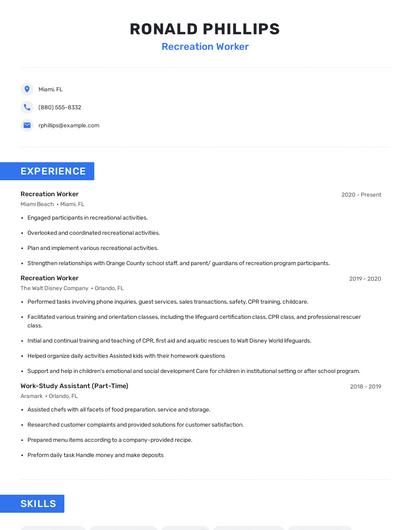 Recreation Worker Resume
