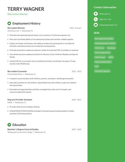 Recreation Worker Resume