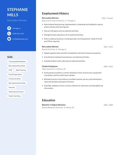 Recreation Worker Resume