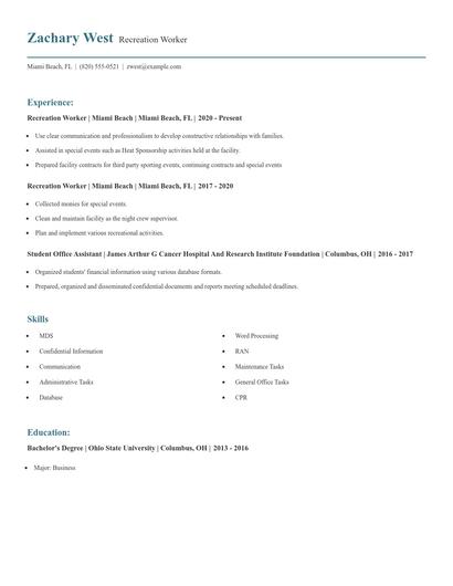 Recreation Worker Resume