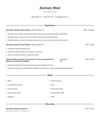 Recreation Worker Resume