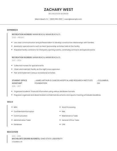 Recreation Worker Resume