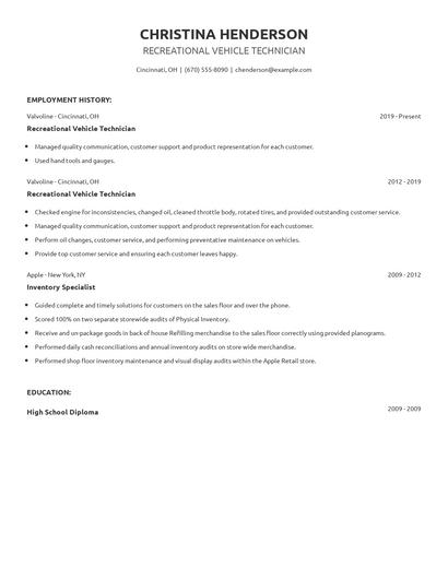 Recreational Vehicle Technician Resume