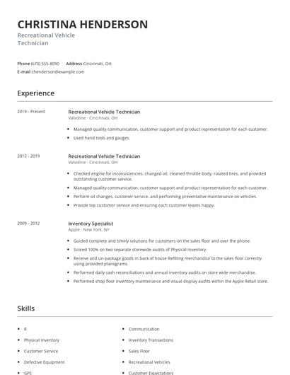 Recreational Vehicle Technician Resume