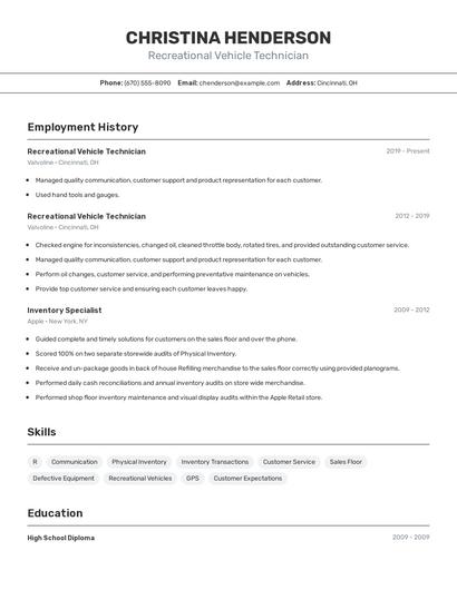 Recreational Vehicle Technician Resume