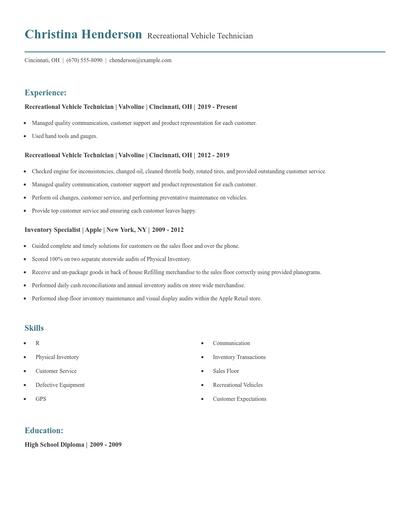 Recreational Vehicle Technician Resume