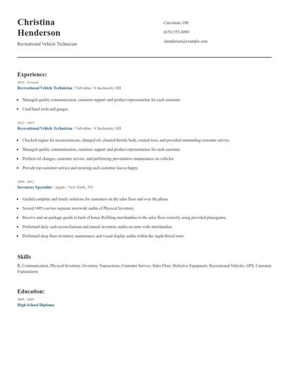 Recreational Vehicle Technician Resume