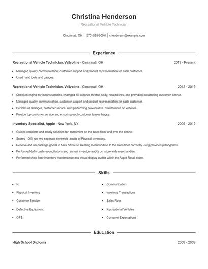 Recreational Vehicle Technician Resume