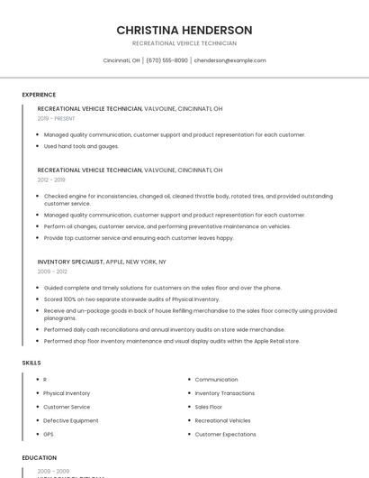 Recreational Vehicle Technician Resume