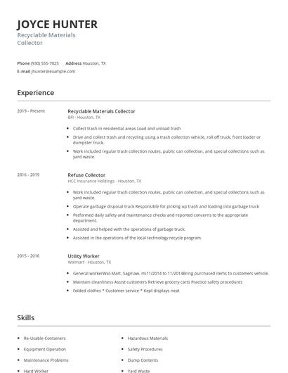 Recyclable Materials Collector Resume