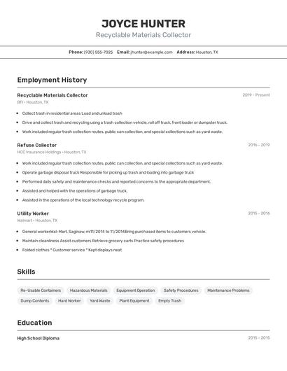Recyclable Materials Collector Resume