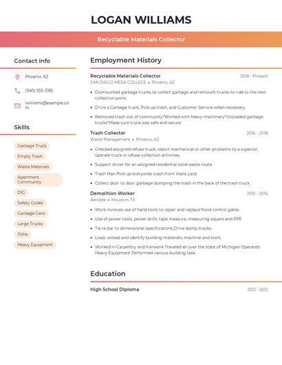Recyclable Materials Collector Resume