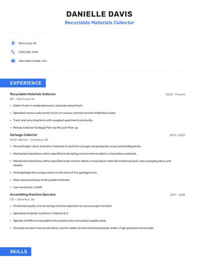 Recyclable Materials Collector Resume