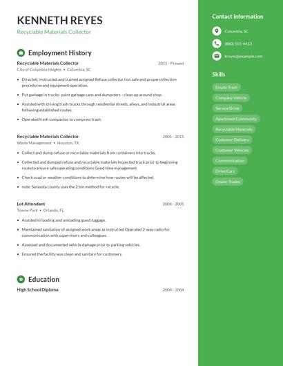 Recyclable Materials Collector Resume