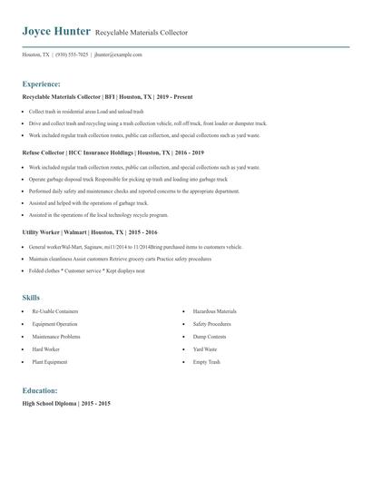 Recyclable Materials Collector Resume