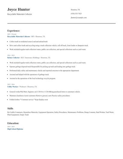 Recyclable Materials Collector Resume
