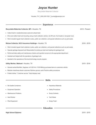 Recyclable Materials Collector Resume