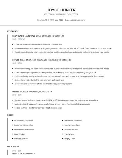 Recyclable Materials Collector Resume
